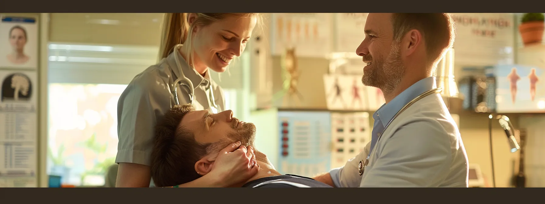 a chiropractor carefully examining a patient's neck, surrounded by charts and diagrams, in a cochrane chiropractic clinic.