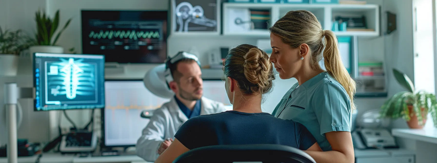 a chiropractor conducting a detailed assessment on a patient with neck pain, surrounded by advanced medical equipment and charts.