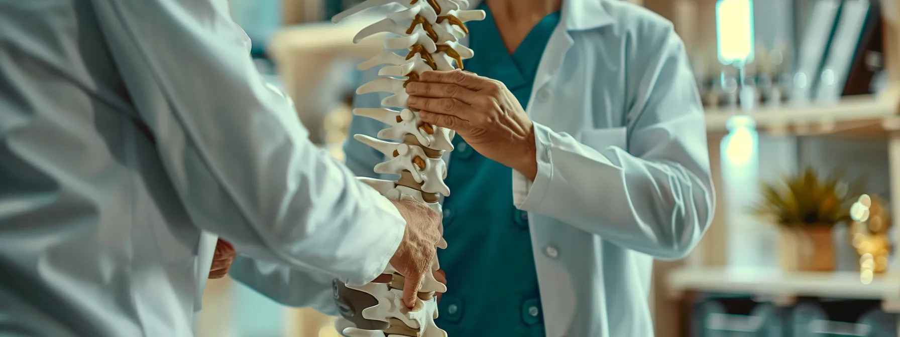 a chiropractor gently adjusting a patient's spine, focusing on improving posture and alignment in a serene, well-equipped clinic setting.