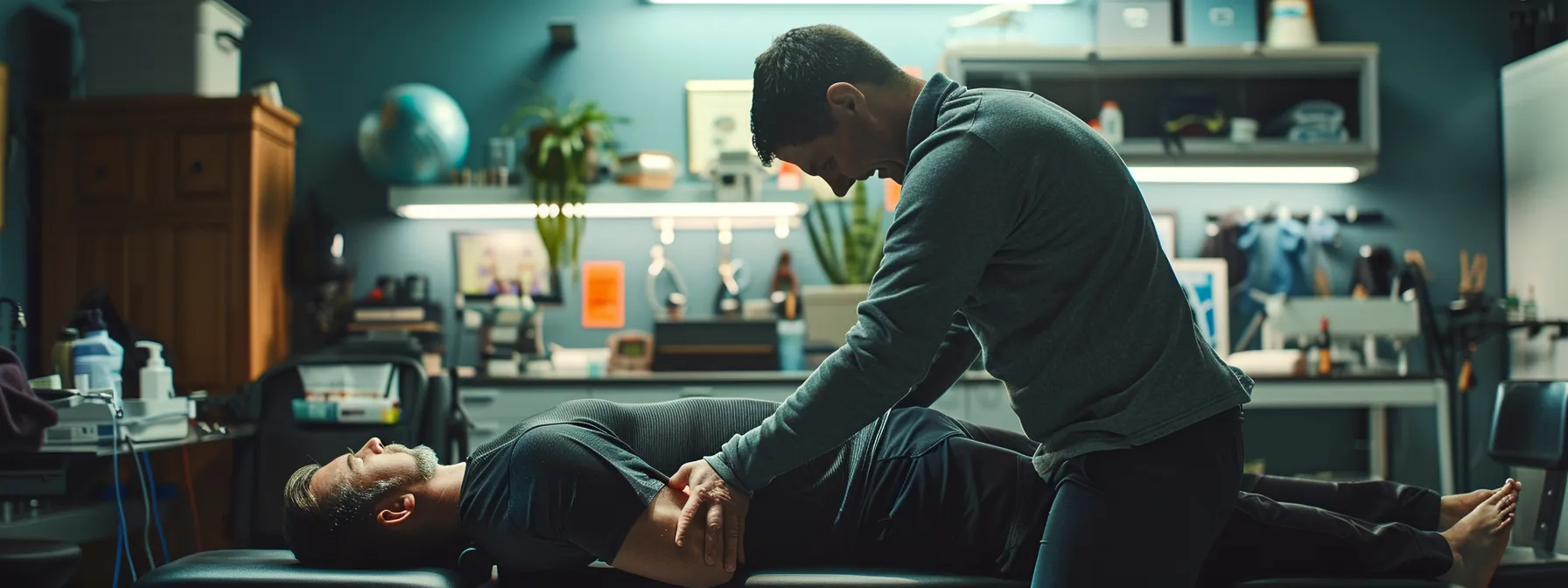 a chiropractor performing a precise instrument-assisted method on a patient's back, while surrounded by exercise equipment and stretching tools.