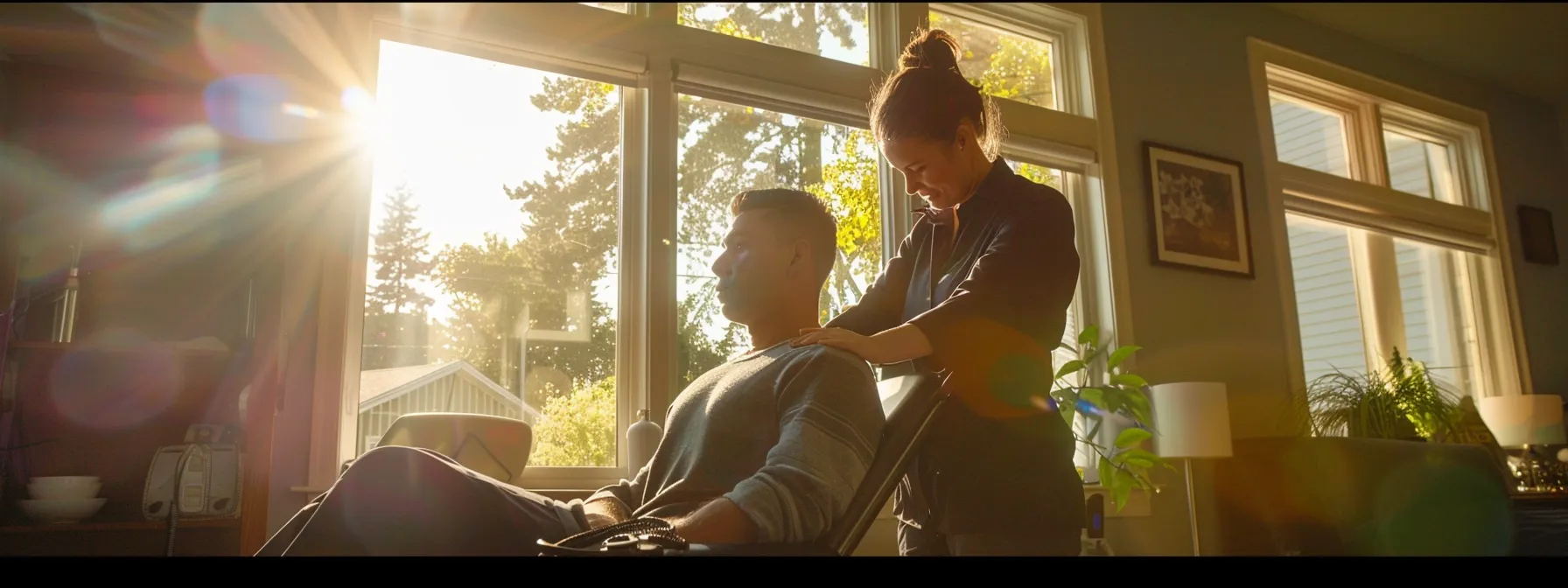 a chiropractor performing an adjustment on a patient, with bright, natural light streaming through a window onto the serene treatment room.