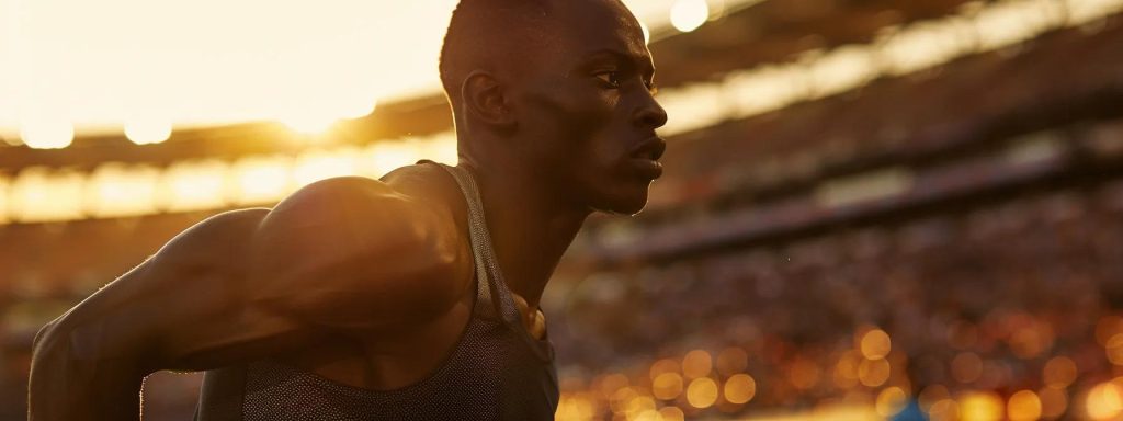 a dynamic athlete engaged in a powerful sprint, set against a blurred stadium backdrop, embodies the essence of peak performance optimization through therapeutic techniques under the vibrant glow of natural sunlight.