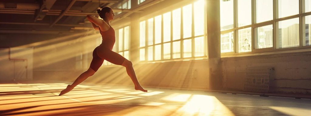 a dynamic athlete executing a perfect stretch in a sunlit training facility, symbolizing prevention of sports injuries through proper warm-up techniques.