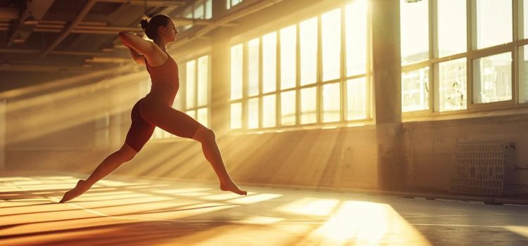 a dynamic athlete executing a perfect stretch in a sunlit training facility, symbolizing prevention of sports injuries through proper warm-up techniques.