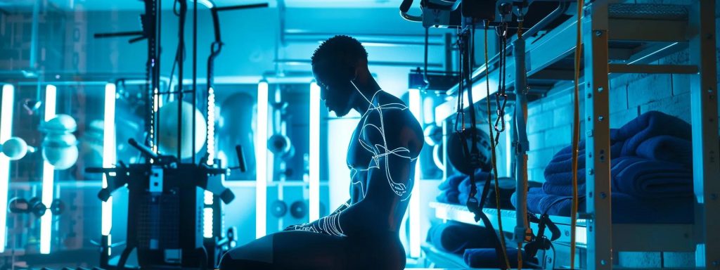 a dynamic athlete is engaged in intense exercise therapy, surrounded by vibrant equipment and motivational elements, contrasting with a faded background depicting traditional recovery methods like ice packs and resting surfaces.