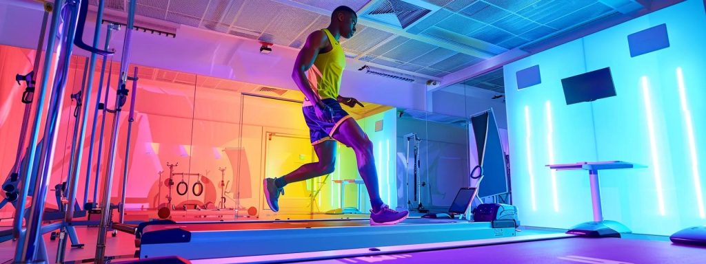 a dynamic athletic figure, focused and determined, engages in a colorful rehabilitation session, surrounded by modern equipment and invigorating natural light that highlights the energizing atmosphere of sports injury recovery.