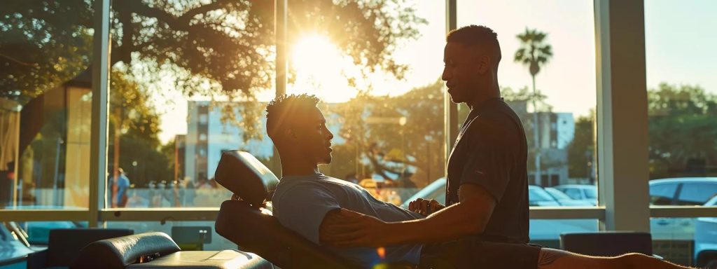 a dynamic sports therapy session showcases a vibrant athlete engaging in innovative rehabilitation techniques within a modern clinic, illuminated by bright natural light streaming through large windows.