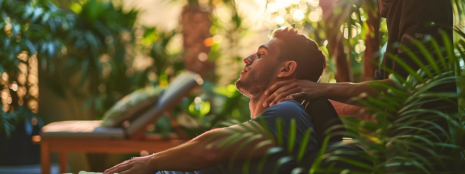 a focused athlete receiving chiropractic care, surrounded by soothing greenery, as the natural healing process accelerates.