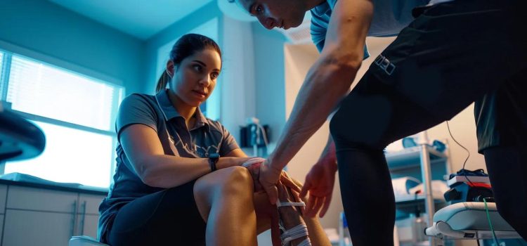 a focused sports therapist examines a patient’s knee in a well-lit treatment room, showcasing the dynamic interaction between therapy tools and the patient’s relief from pain.