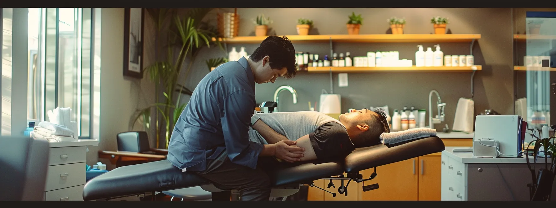 a person receiving a spinal adjustment from a chiropractor, surrounded by equipment in a modern, well-lit wellness center.