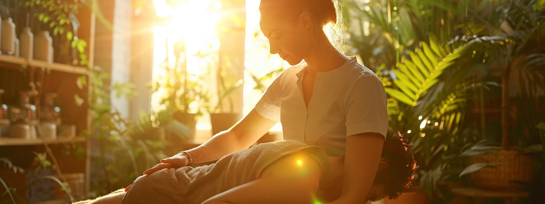 a person receiving a spinal adjustment from a chiropractor in a serene, holistic wellness center surrounded by soothing natural elements.