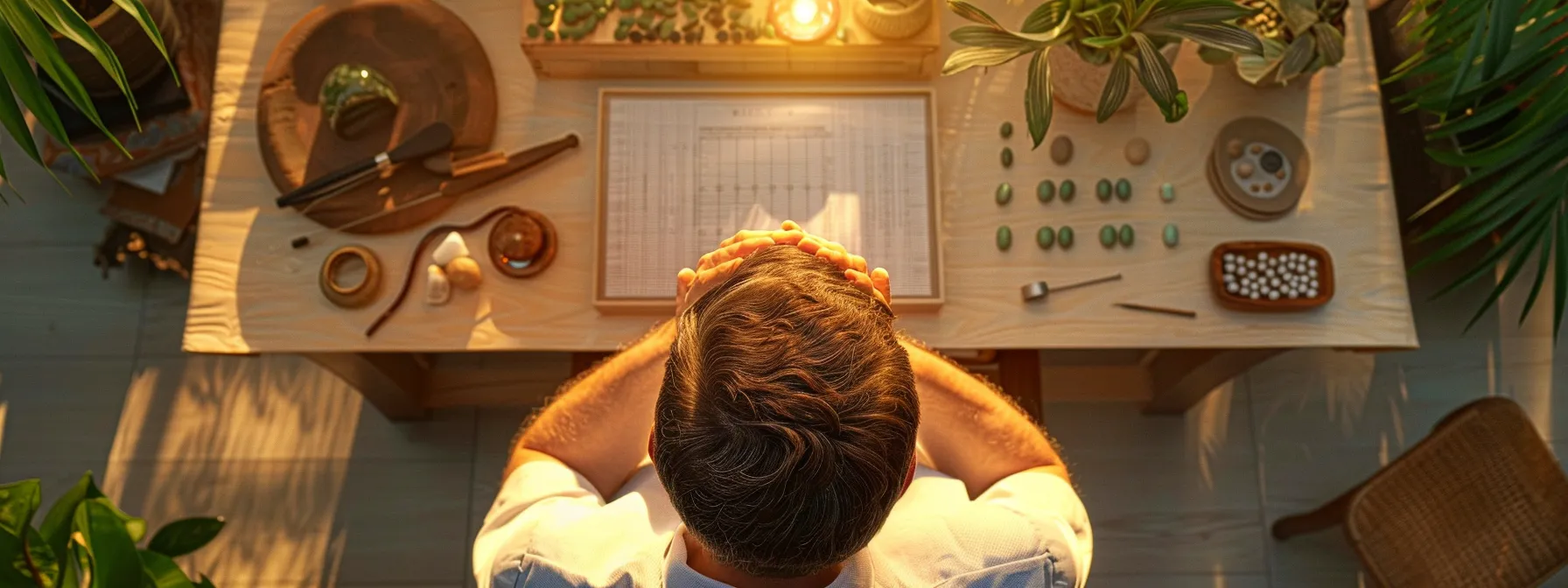 a person receiving chiropractic manipulation under anesthesia surrounded by traditional chinese medicine tools in a serene and holistic treatment room.