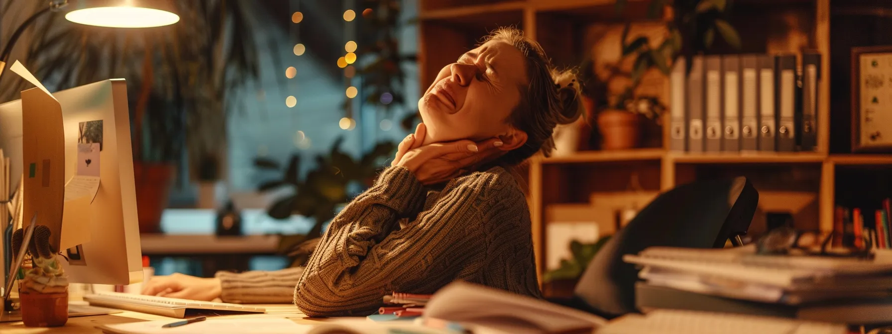 a person sitting at a desk, visibly wincing in discomfort as they struggle to turn their neck, surrounded by papers and a computer, highlighting the impact of chronic neck pain on daily activities.