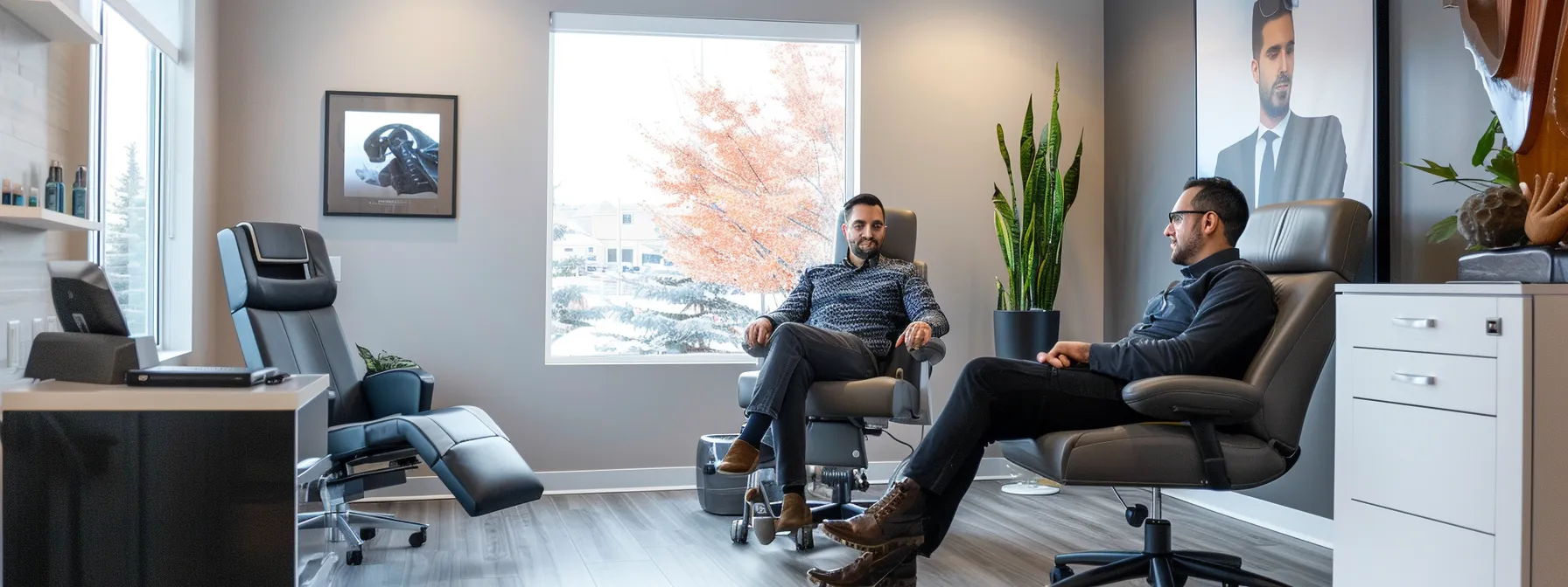 a person sitting in a modern chiropractic office, surrounded by state-of-the-art equipment, discussing treatment options with a knowledgeable and attentive chiropractor in cochrane.