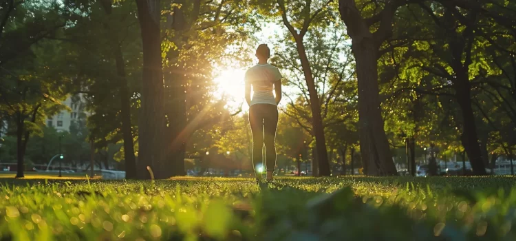 a person standing tall and confident with perfect posture in a peaceful park setting.