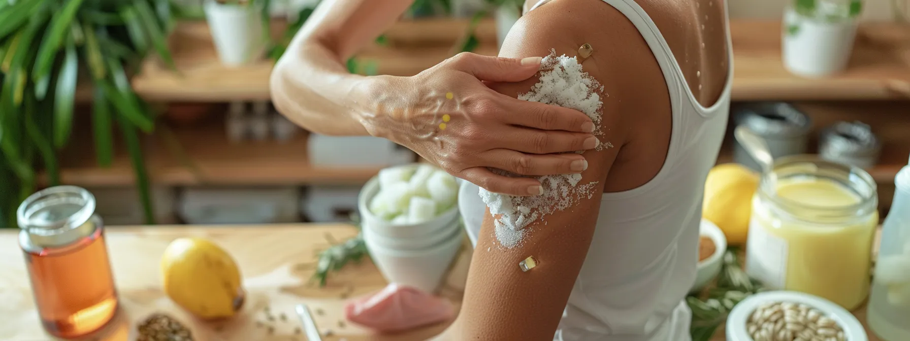 a person swiftly applying an ice pack to their shoulder after a rotator cuff tear, surrounded by natural remedies for muscle pain relief and a poster outlining the rice method for injury management.