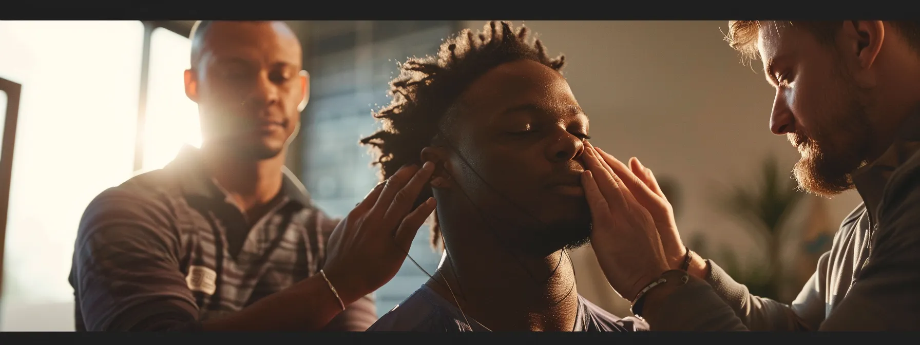 a professional athlete receiving a chiropractic adjustment, with a coach and trainer looking on in approval.