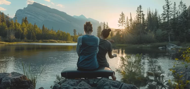 a serene natural setting with a chiropractor adjusting a patient's spine overlooking the picturesque mountains in cochrane.