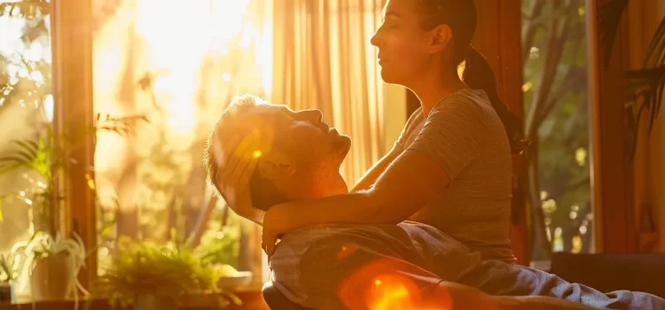 a serene room filled with warm light where a chiropractor gently adjusts a patient's neck, providing relief from chronic pain.