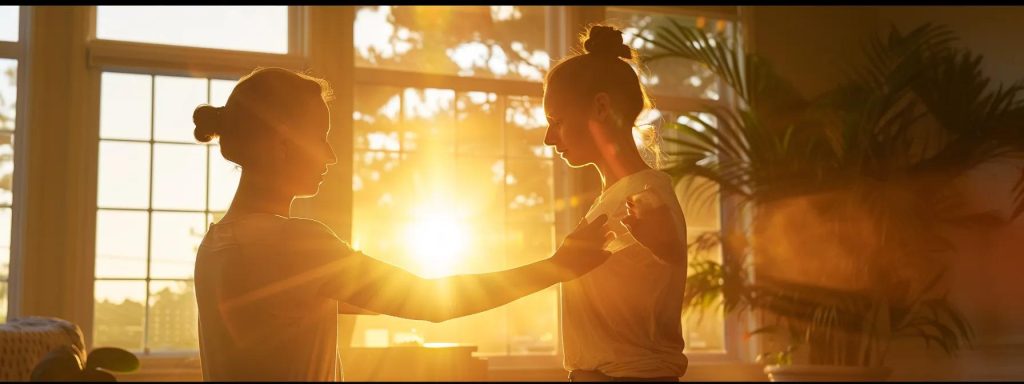 a serene sports therapy clinic, bathed in soft natural light, features a focused therapist guiding a patient through dynamic stretching exercises, symbolizing the transformative journey of alleviating chronic pain.