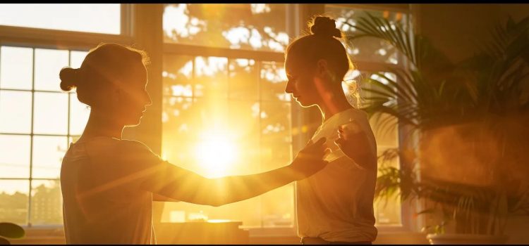 a serene sports therapy clinic, bathed in soft natural light, features a focused therapist guiding a patient through dynamic stretching exercises, symbolizing the transformative journey of alleviating chronic pain.