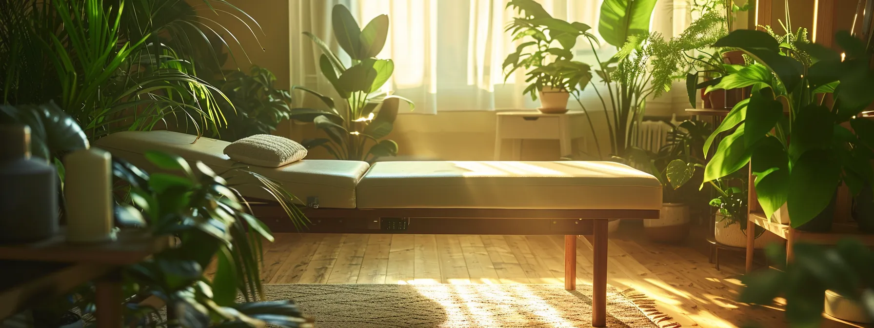 a serene, sunlit room with a chiropractic table, soothing green plants, and a peaceful atmosphere, symbolizing overall wellness and relaxation through regular chiropractic visits.