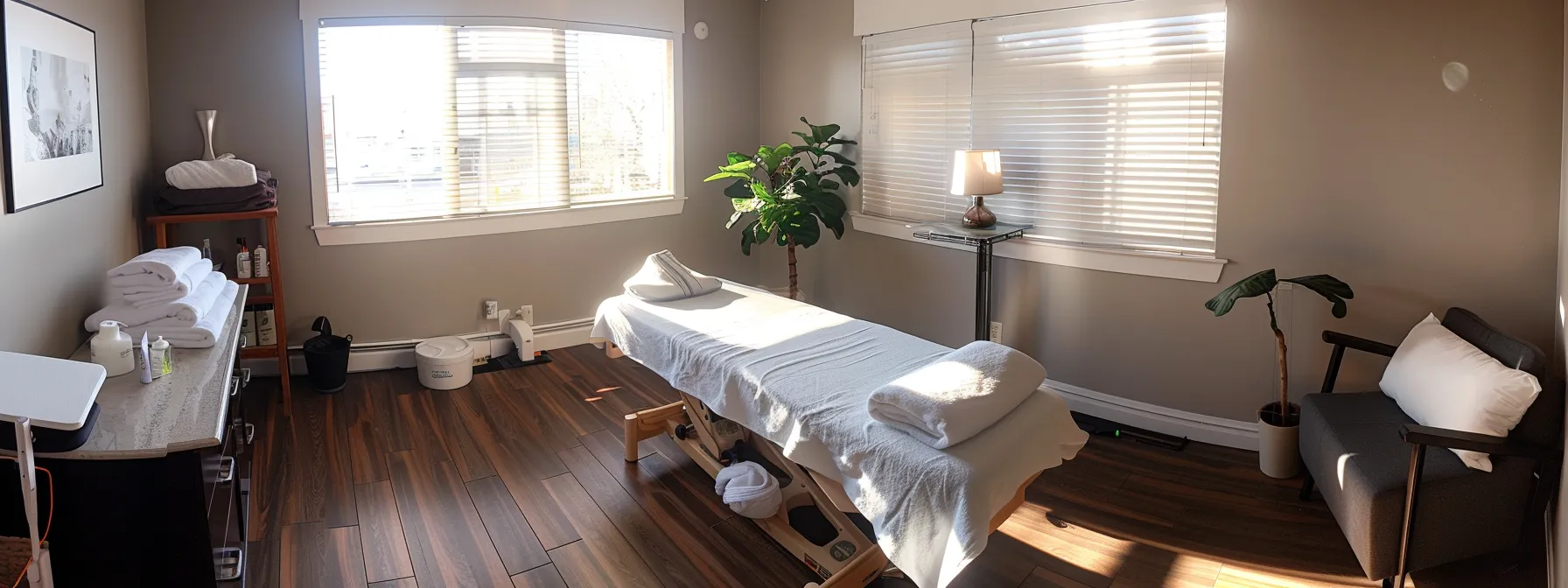 a serene treatment room at cochrane chiropractic, with a patient receiving gentle mechanical traction for neck pain relief.