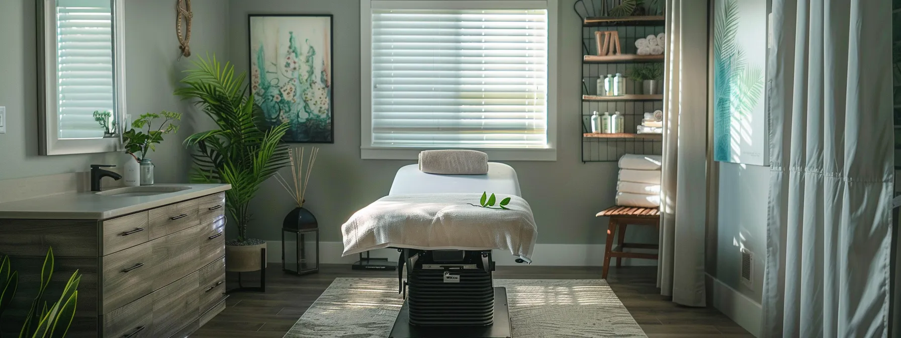 a serene treatment room with a chiropractic table surrounded by soothing essential oils and calming music, creating a peaceful atmosphere for holistic chiropractic care.