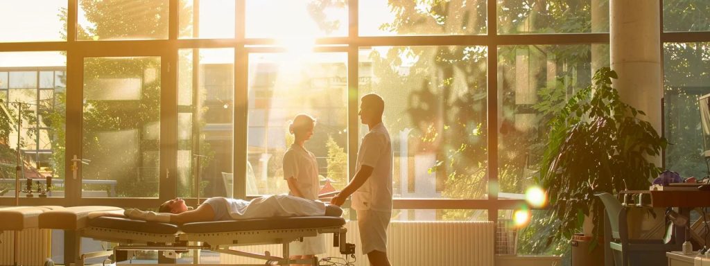 a vibrant scene depicting two therapists in a bright, modern clinic, one demonstrating manual therapy on a patient while the other showcases various sports therapy techniques, all illuminated by natural sunlight streaming through large windows.