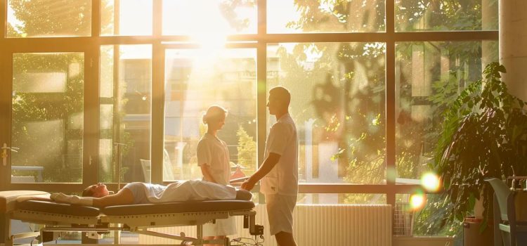 a vibrant scene depicting two therapists in a bright, modern clinic, one demonstrating manual therapy on a patient while the other showcases various sports therapy techniques, all illuminated by natural sunlight streaming through large windows.