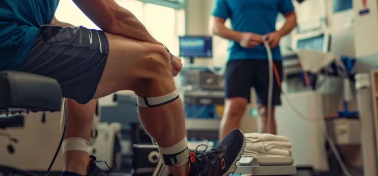 an athlete receiving physiotherapy treatment for an achilles tendon rupture at a local sports medicine clinic in cochrane.