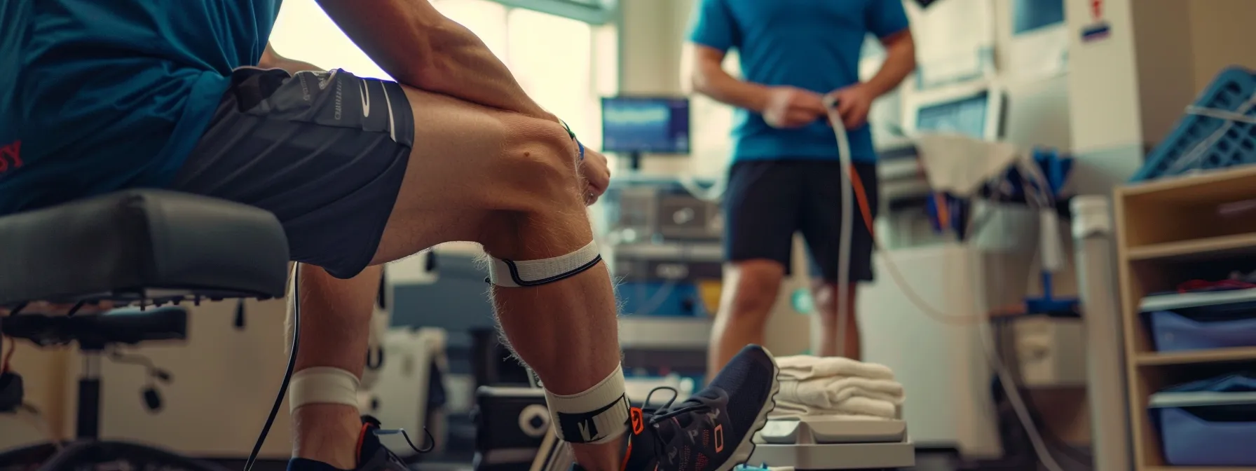 an athlete receiving physiotherapy treatment for an achilles tendon rupture at a local sports medicine clinic in cochrane.