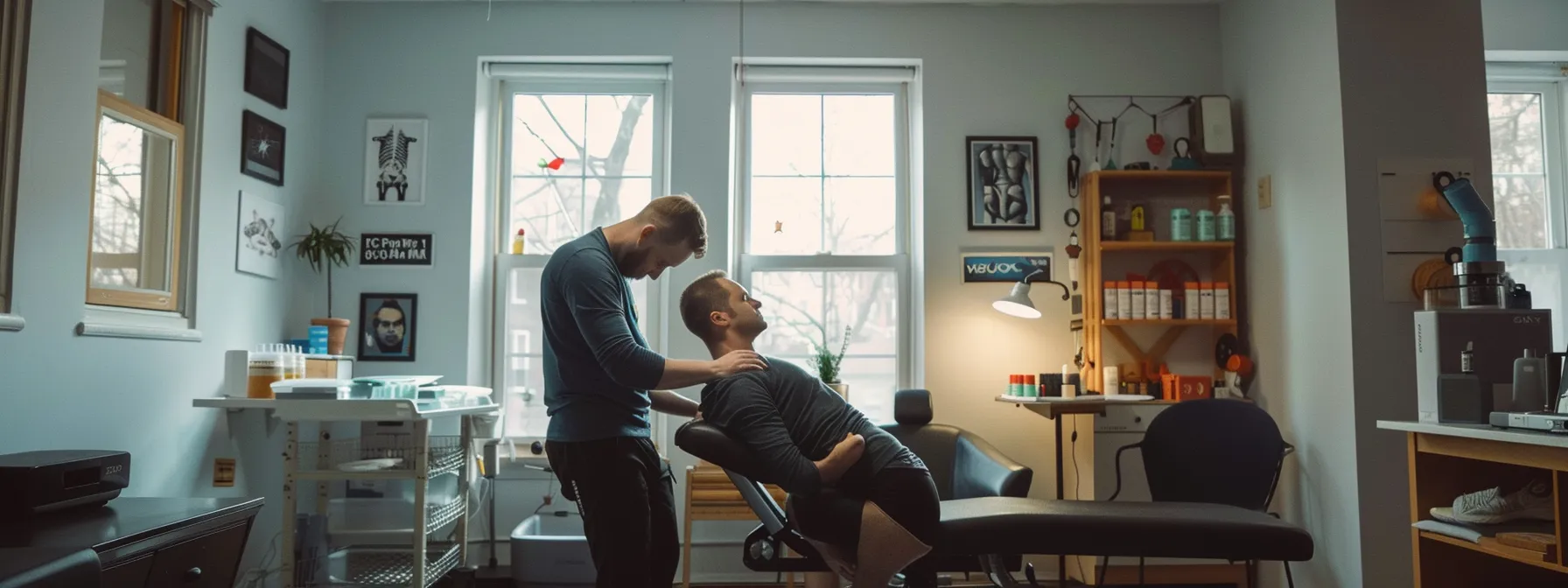 a chiropractor gently manipulating the cervical spine of a patient, surrounded by exercise equipment and posters illustrating proper posture.