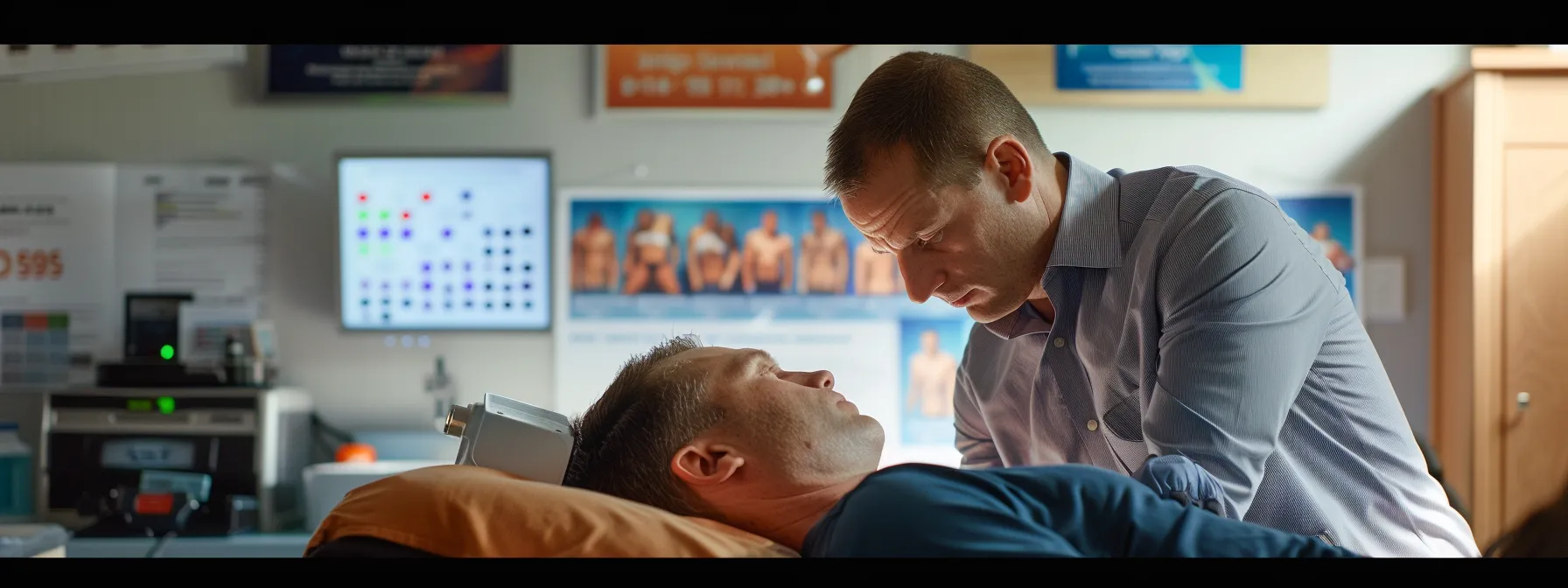 a chiropractor performing a precise spinal manipulation on a patient, surrounded by equipment for soft tissue therapies, with informational posters on lifestyle advice and education in the background.