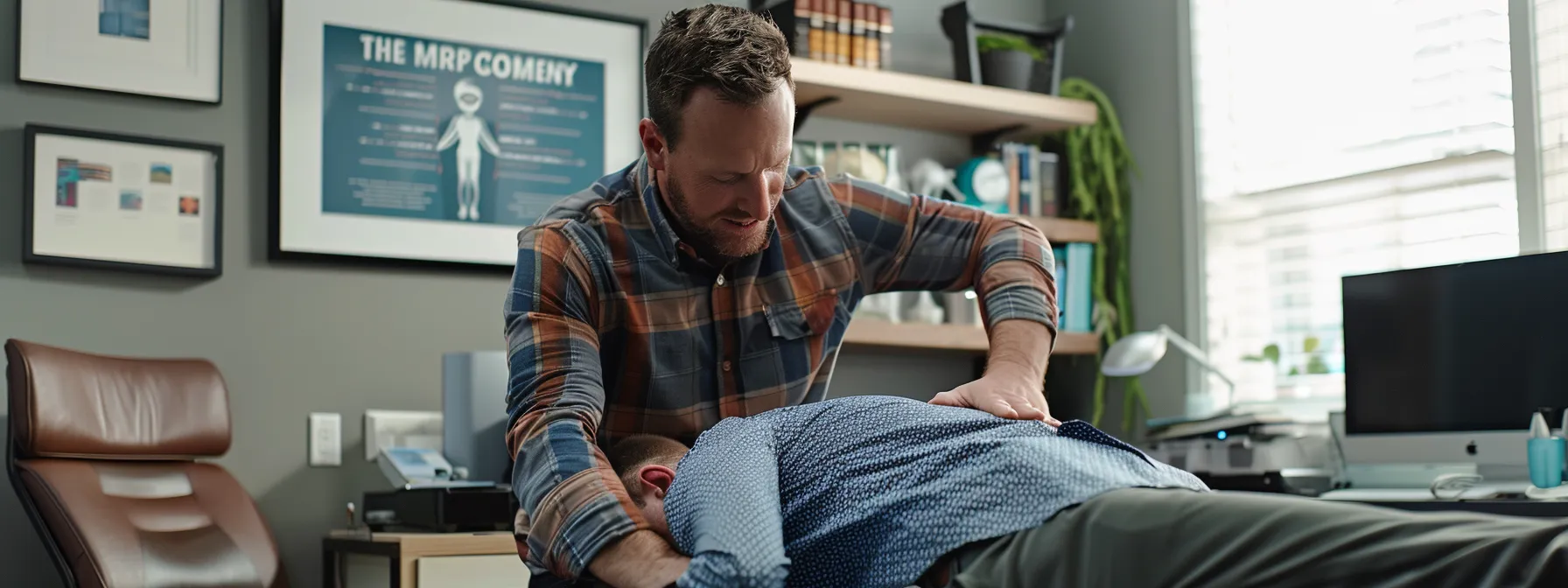 a chiropractor performing an adjustment on a patient with chronic back pain in a modern, well-equipped clinic.