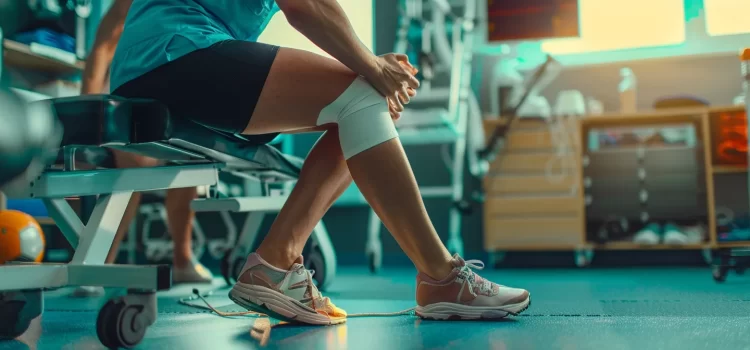 a chiropractor using ultrasound therapy on a patient's injured knee, surrounded by sports equipment and rehabilitation tools.