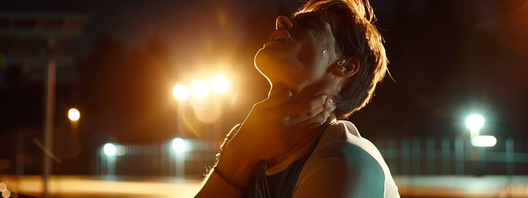 a determined athlete in cochrane grimacing in pain while holding their neck, signaling a possible sports injury.