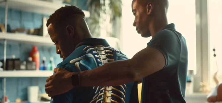 a focused chiropractor adjusting a professional athlete's spine in a modern, bright treatment room.