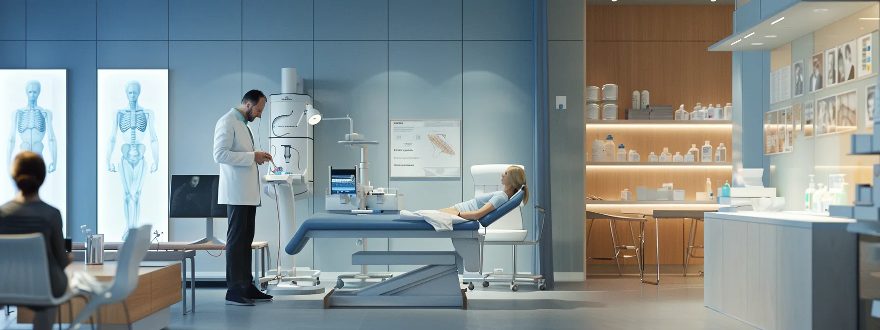 a patient discussing symptoms and medical history with a chiropractor, surrounded by diagrams and equipment in a modern clinic setting.