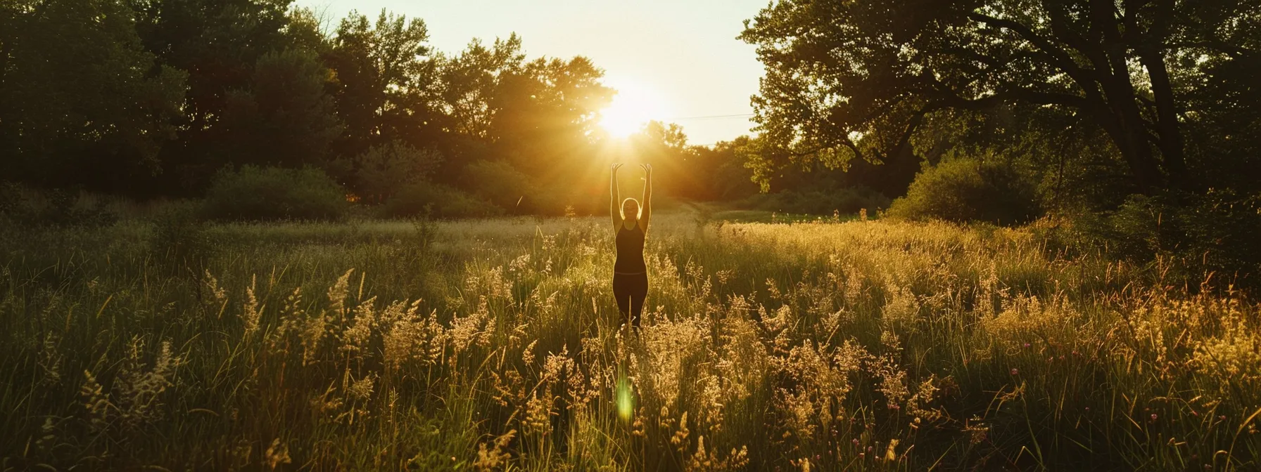 a person doing yoga poses effortlessly in a serene, open field under the warm sun.