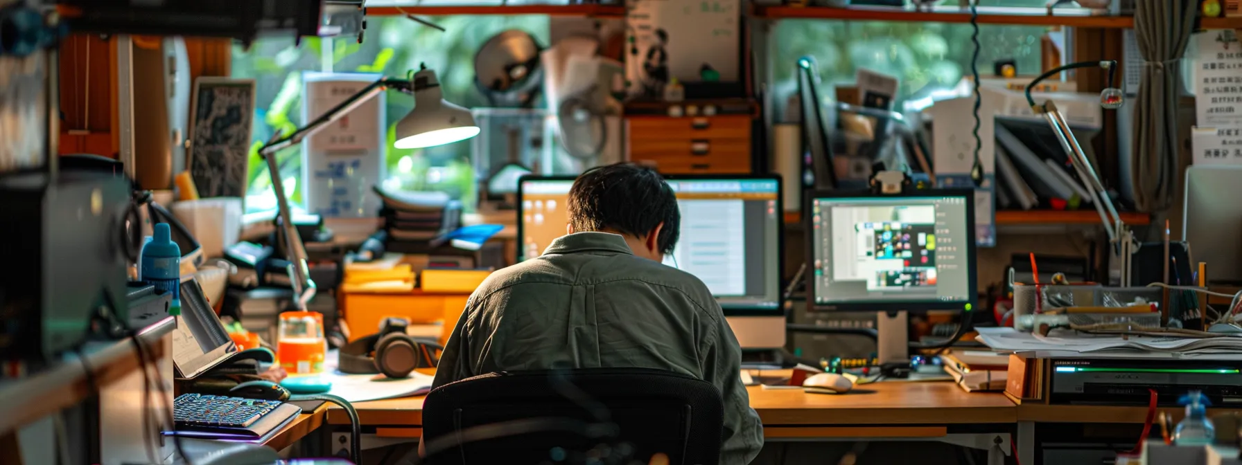 a person hunched over a computer with a strained neck, surrounded by a cluttered workspace with poor ergonomics, highlighting the causes of neck pain.