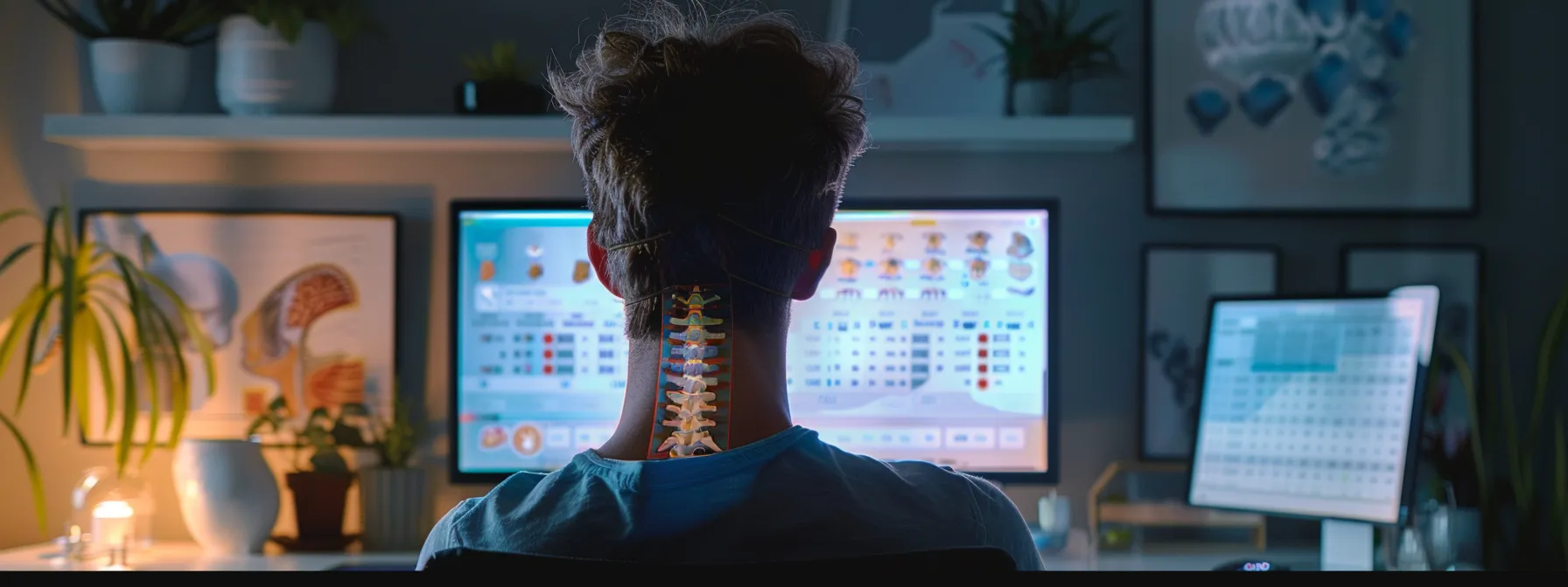 a person looking at a chart, showing progress in managing neck pain, with a schedule for maintenance and follow-up treatments displayed next to them.