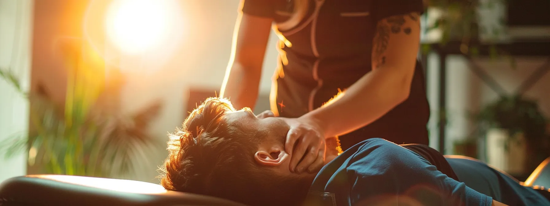 a person receiving a chiropractic adjustment while exercising, with an ergonomic workspace in the background to support optimal spinal health.