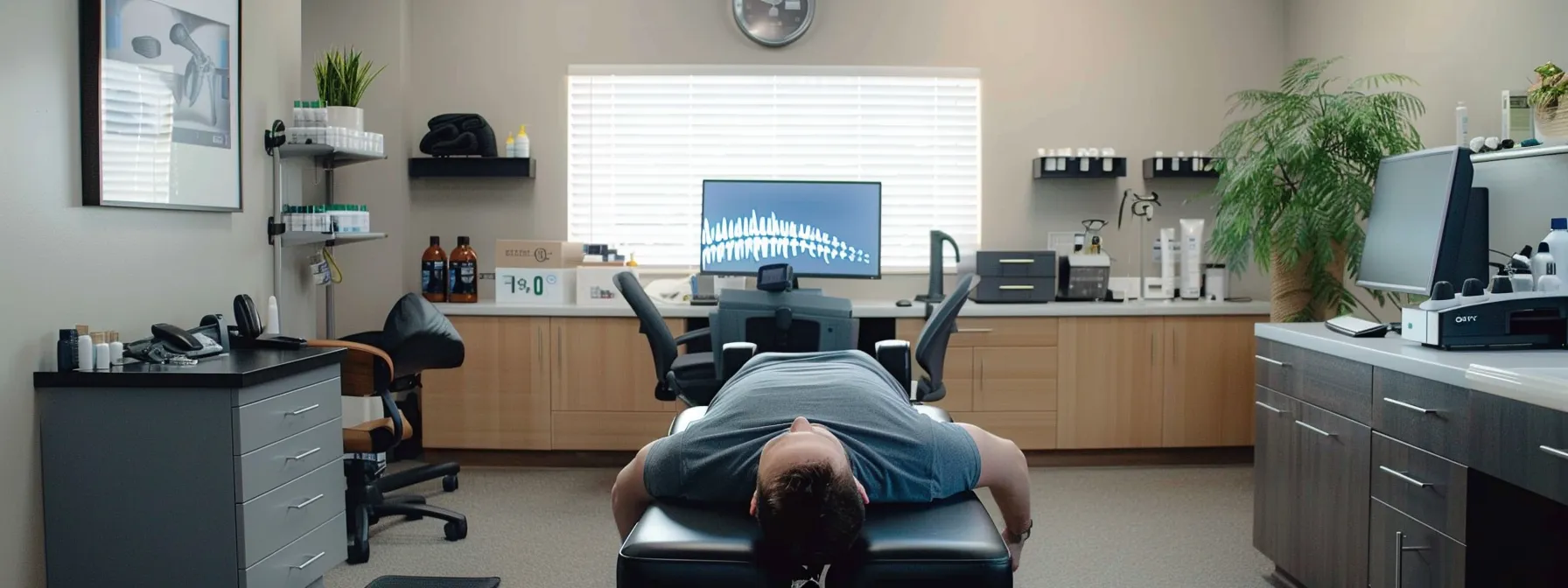 a person receiving chiropractic treatment in a serene clinic, surrounded by ergonomic adjustments, exercise equipment, and nutritional supplements, while a soothing stress management session takes place in the background.