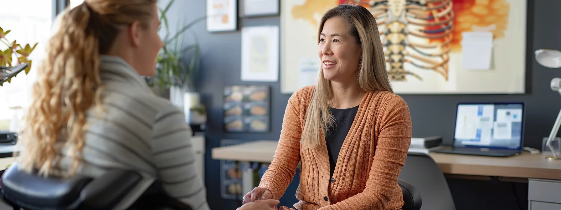 a person sitting across from a confident, friendly chiropractor in a modern office, discussing treatment options for chronic back pain relief.