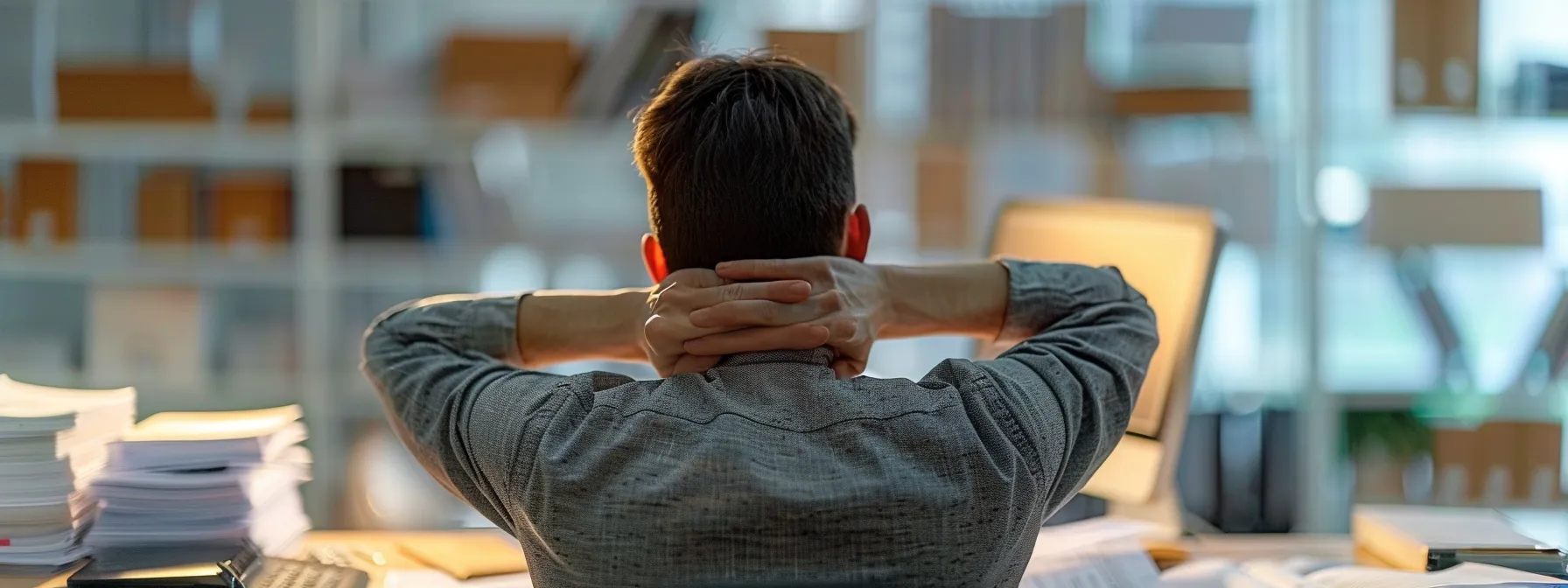 a person sitting slouched at a desk with a strained neck, surrounded by computers and paperwork, symbolizing the causes of neck pain from poor posture and repetitive strain in modern lifestyles.