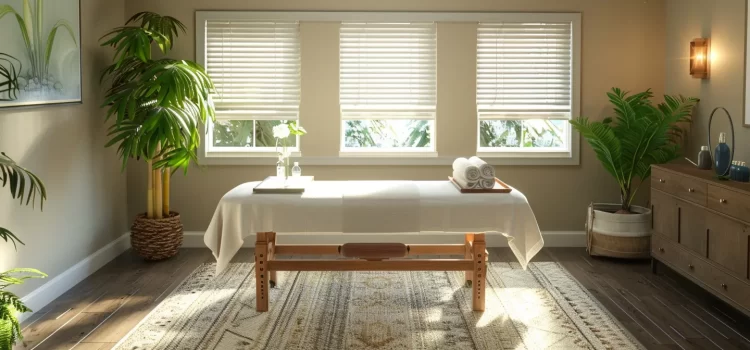 a serene chiropractic office with a cozy treatment table surrounded by soothing essential oil diffusers and green plants, creating a tranquil atmosphere for wellness.