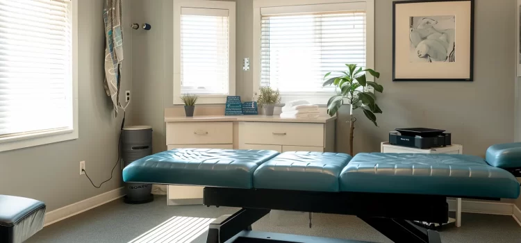 a serene treatment room with a specialized chiropractic table, soothing lighting, and gentle background music at cochrane chiropractic solutions for chronic neck pain.