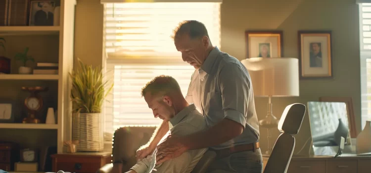 a chiropractor adjusting a patient's spine with gentle precision in a serene office setting.