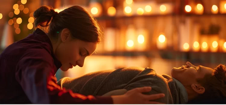 a chiropractor carefully aligns the spine of a relaxed patient, surrounded by soothing candles and soft music in a cozy cochrane clinic.